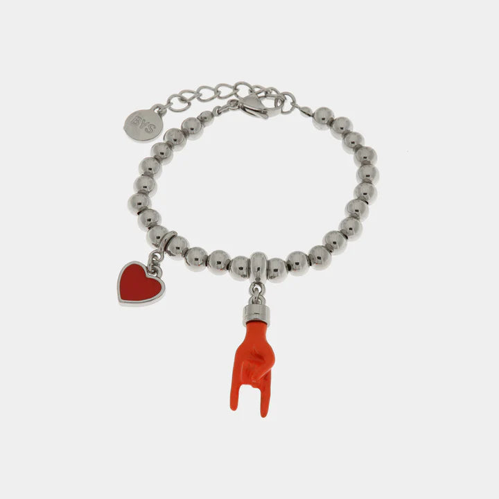 BY SIMON-Bracciale in Metallo con pendente a forma di corna porta fortuna e cuore rosso