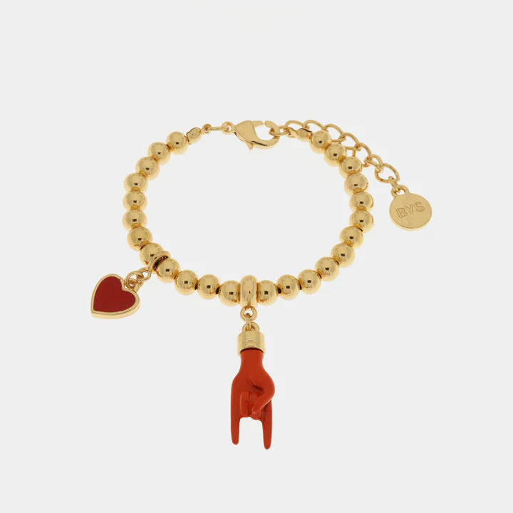 BY SIMON-Bracciale in Metallo con pendente a forma di corna porta fortuna e cuore rosso