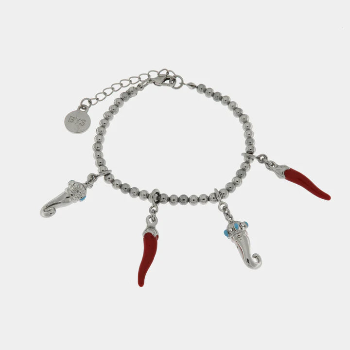 BY SIMON-Bracciale in Metallo con cornetti portafortuna in smalto rosso