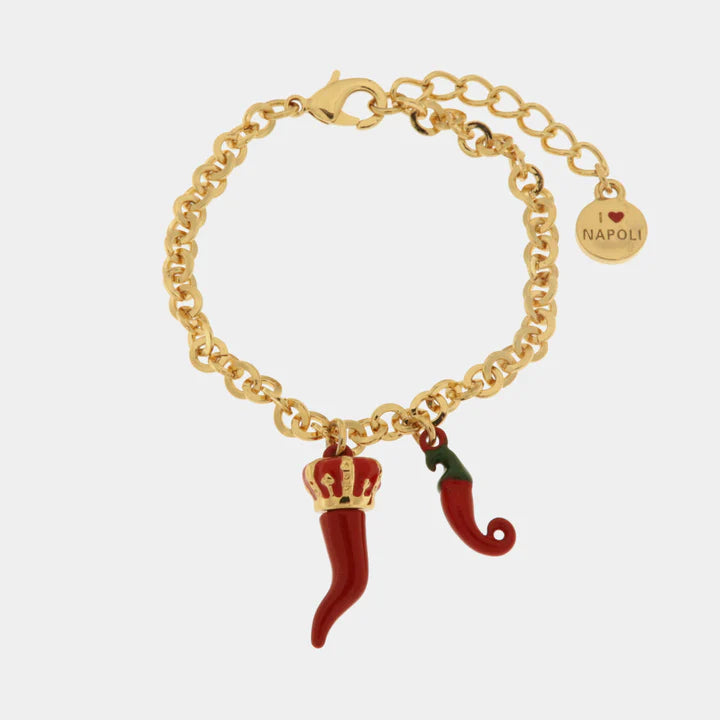 BY SIMON-Bracciale in Metallo con cornetti portafortuna in smalto rosso