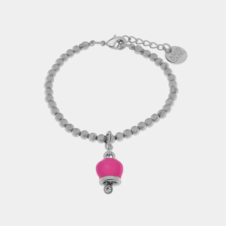 BY SIMON-Bracciale in Metallo maglia a sfere con campanella portafortuna pendente impreziosita da cristalli