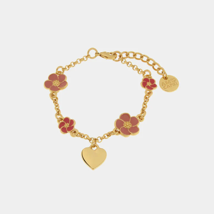 BY SIMON - Bracciale in Metallo con fiori rosa e cuore pendente