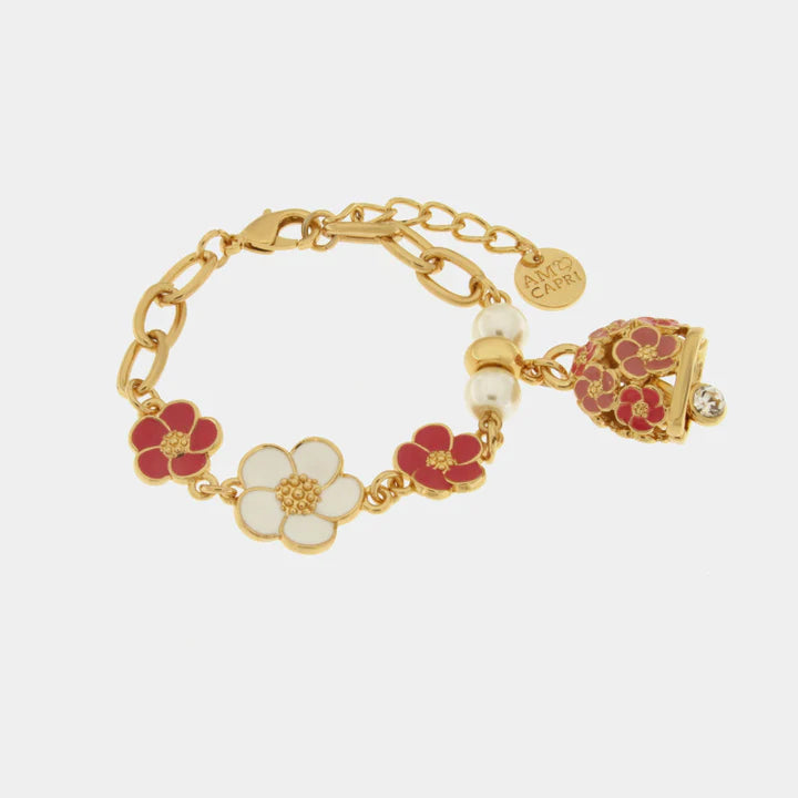 BY SIMON- Bracciale in Metallo con campanella e fiori rosa e bianchi