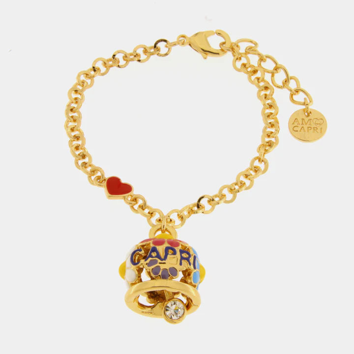 BY SIMON-Bracciale in Metallo con campanella impreziosita da margherite e scritta capri