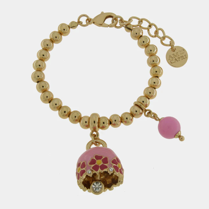 BY SIMON-Bracciale in Metallo con campanella rosa e fiori e perla