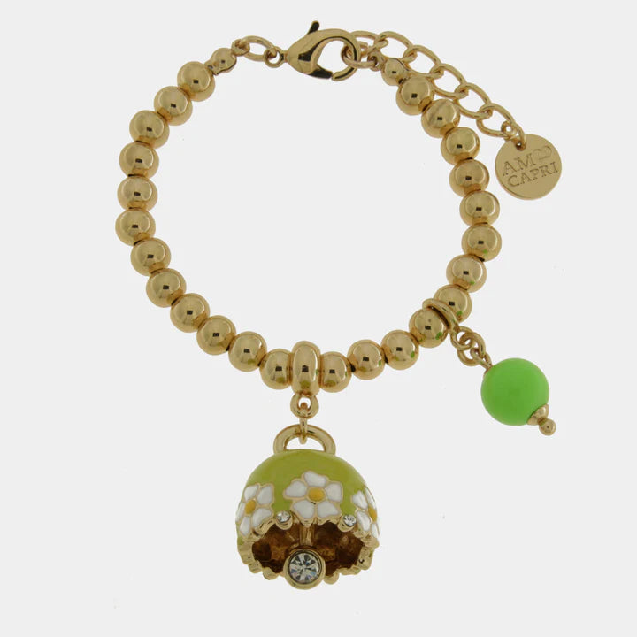 BY SIMON-Bracciale in Metallo con campanella verde e fiori e perla