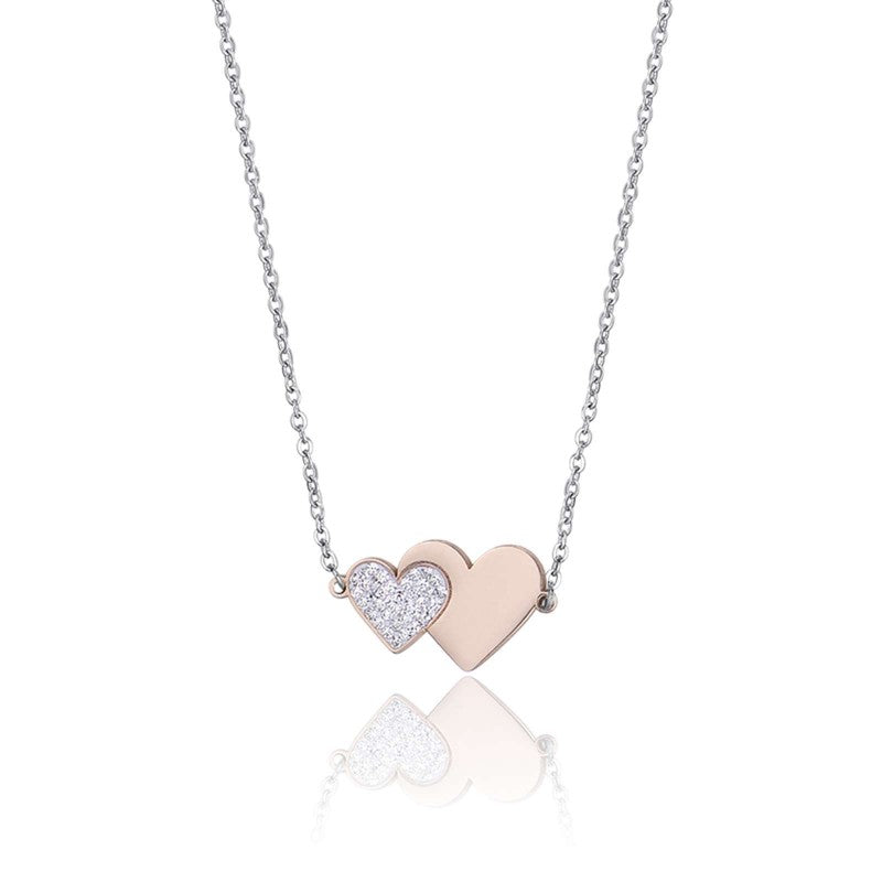 LUCA BARRA-COLLANA IN ACCIAIO CON CUORE IP ROSE E CRISTALLI BIANCHI