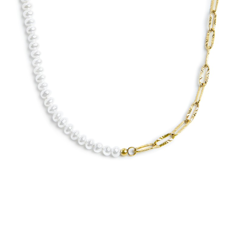 MARLU - Collana catena figaro e catena con perle bianche irregolari