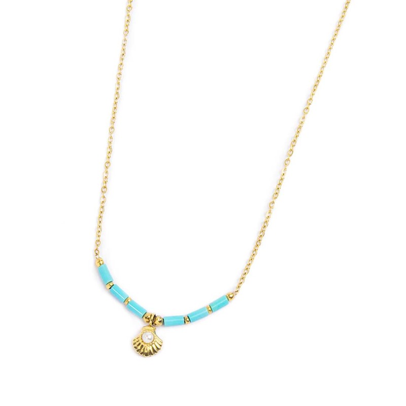 MARLU -Collana conchiglia pendente con perla e perline a tubo turchesi