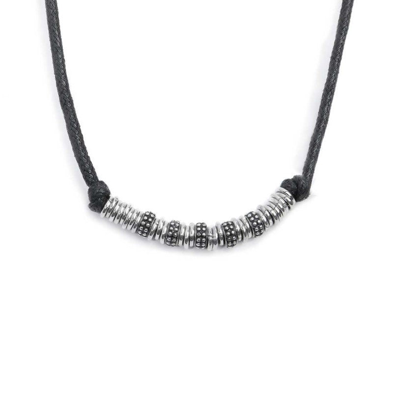 MARLU - Collana cordino strobel elementi in acciaio con trama puntinata in black oil