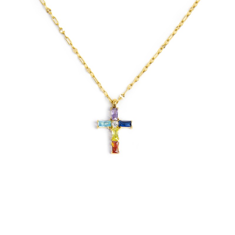MARLU - Collana croce pendente con cristalli baguette