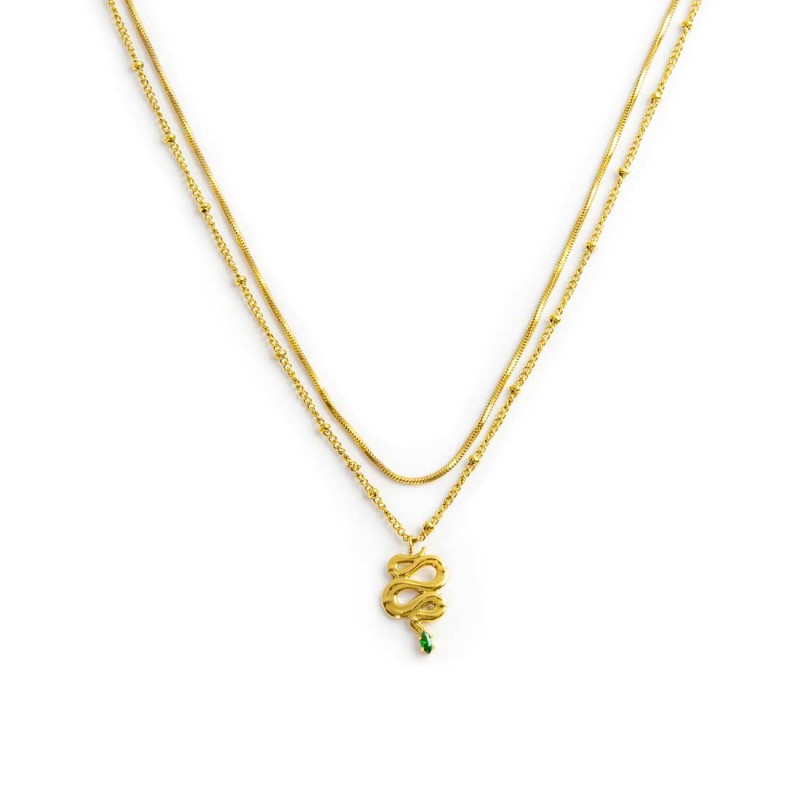 MARLU -Collana doppia catena snake quadrata con serpente pendente