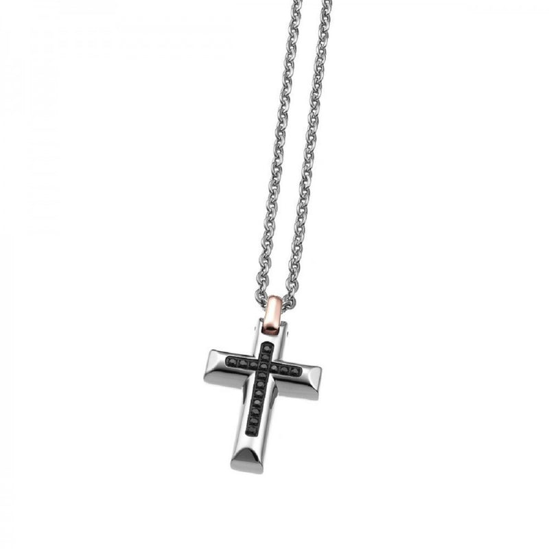 BROSWAY-COLLANA UOMO ACCIAIO CROCE CON PIETRE NERE