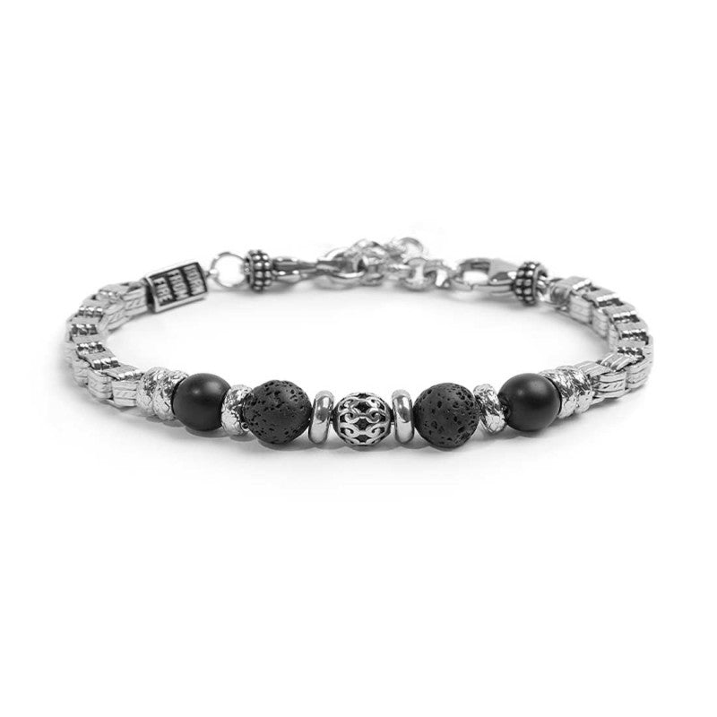 MARLU- Bracciale catena box con trama con sfere in onice nera e pietra lavica